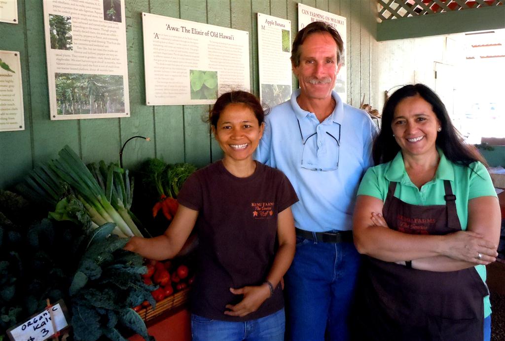 Left to right, Kumu Farms store manager Etty Angst, owner Grant Schule, and marketing director Manu Vinciguerra. Photo by Catherine Cluett