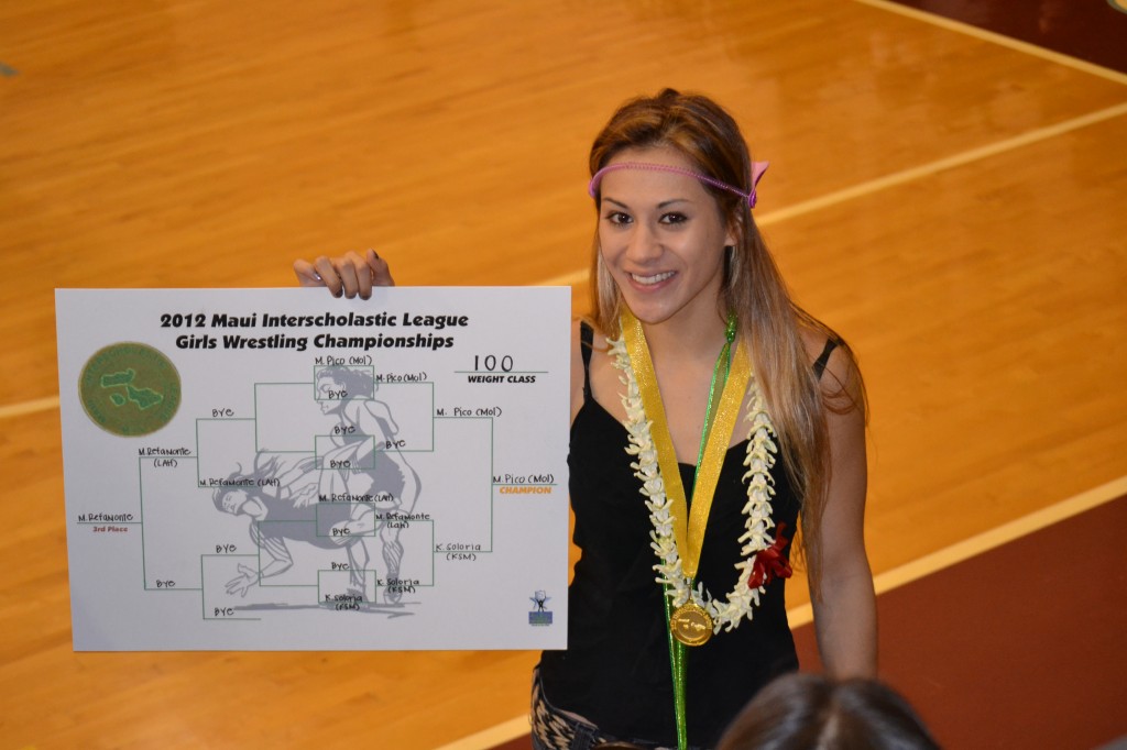 Mikayla Pico, The Maui News MIL Girls Wrestler of the Year, pictured here at the MIL Championships in Feb. 2012, after winning her third straight MIL title. Photo courtesy Mikayla Pico.