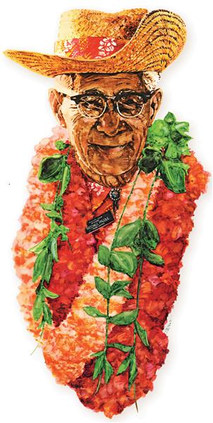 An artist's rendition of Mitchell "Papa" Pauole on a commemorative posted presented to his family by the Bank of Hawaii.
