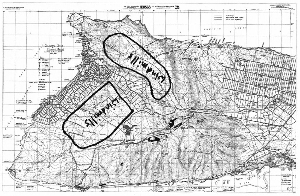 Norman Rizk drew the areas of Pattern Energy’s proposed wind turbines on west Molokai based on the description given by a Pattern official. Map courtesy WMA.