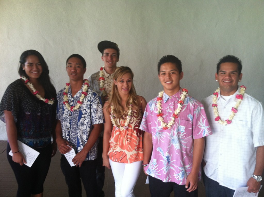 Pictured from left to right, MHS Sports Spotlight students Natalia Levi, James Corpuz, Akona Adolpho, Mikayla Pico, Kailen Inouye, Solomon Maliu III, (Kayla Matson and Moriah Jenkins not pictured.) Photo by Matt Helm.